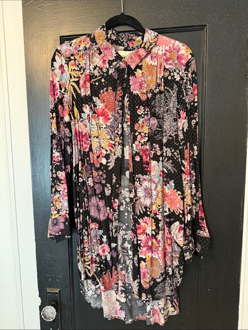 Maeve Black Floral Button-Front Tunic with Pink & Yellow Blooms